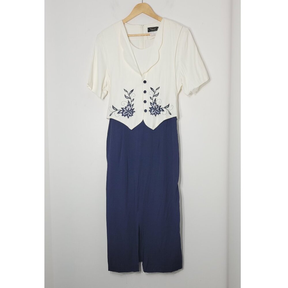Elegant Vintage Off White & Blue Floral Embroidered Faux Vest Dress Plus Size 16
